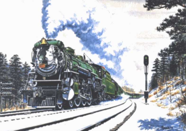 Southern Engine 1401 pulling the Southern Cresent in snow