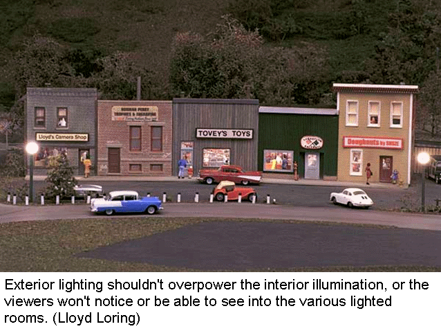 Exterior lighting shouldn't overpower the interior 
  illumination, or the viewers won't notice or be able to see into the various lighted rooms. (Lloyd Loring) 