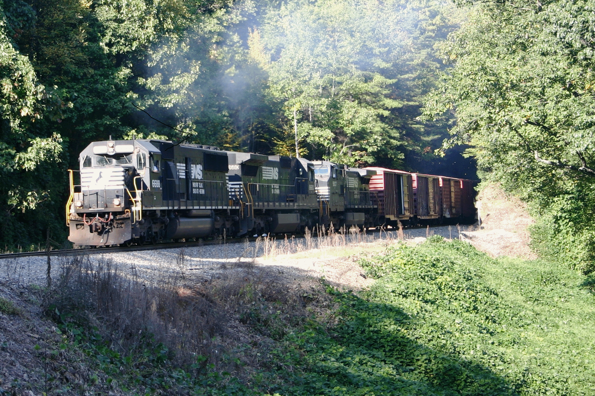NS SD60  #6688, followed by two Dash 9s, 
  working its way up the mountain toward Asheville on a beautiful fall afternoon